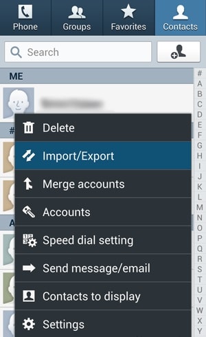 تصدير جهات الاتصال من android - حدد خيار "Import/Export"