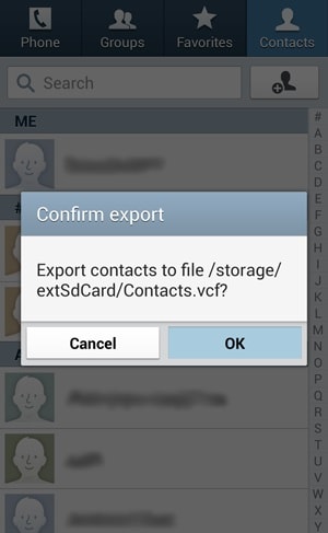 exporte contatos do android-toque em OK