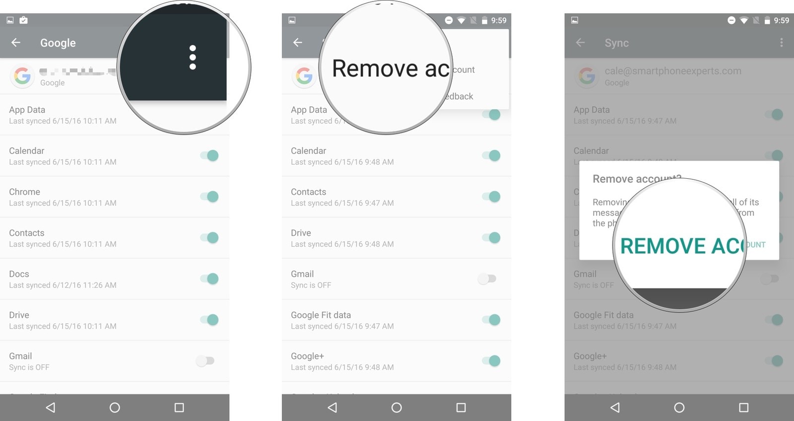 Kontakte von Google Mail nach Android importieren - Wählen Sie die Option "Konto löschen"