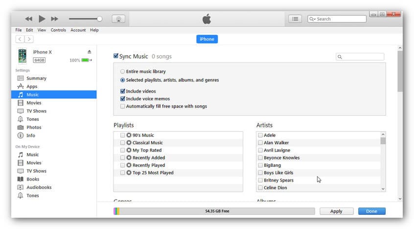 sync music from itunes to iPhone XS (Max) - select music