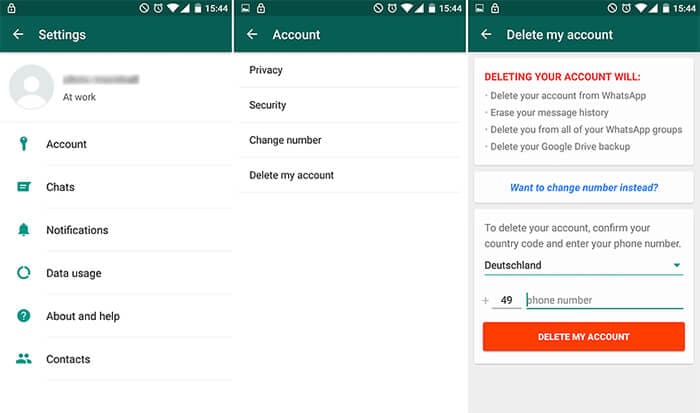 delete whatsapp account by setting android