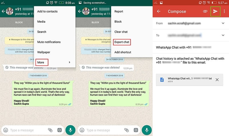 envie as conversas do whatsapp do Android por email para salvá-las