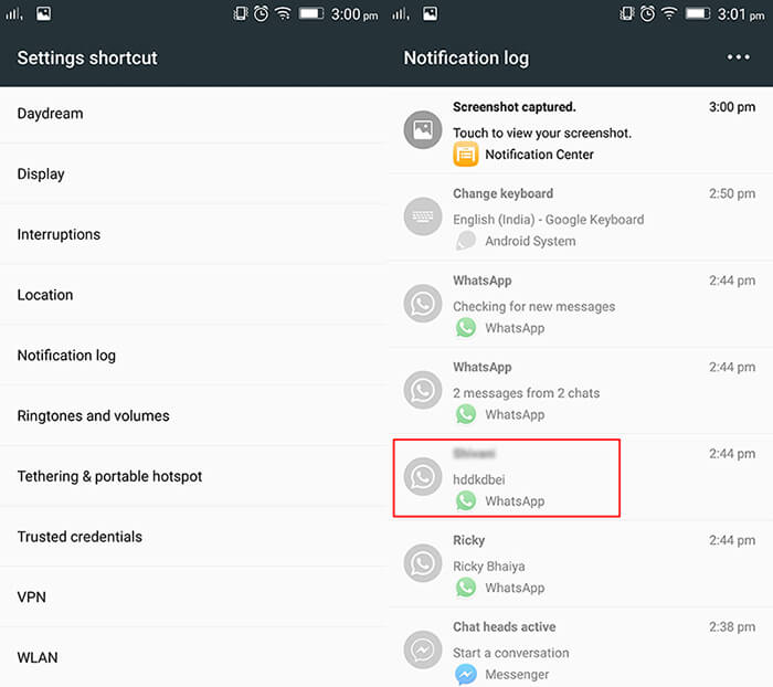 ver mensagens do WhatsApp excluídas no registro de notificações do Android