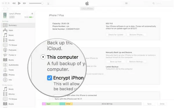 backup do iphone no itunes - criptografar backup do itunes