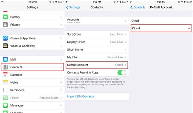 set icloud as the default account for contacts sync