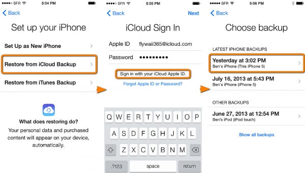 restaure contatos do iphone do backup do icloud