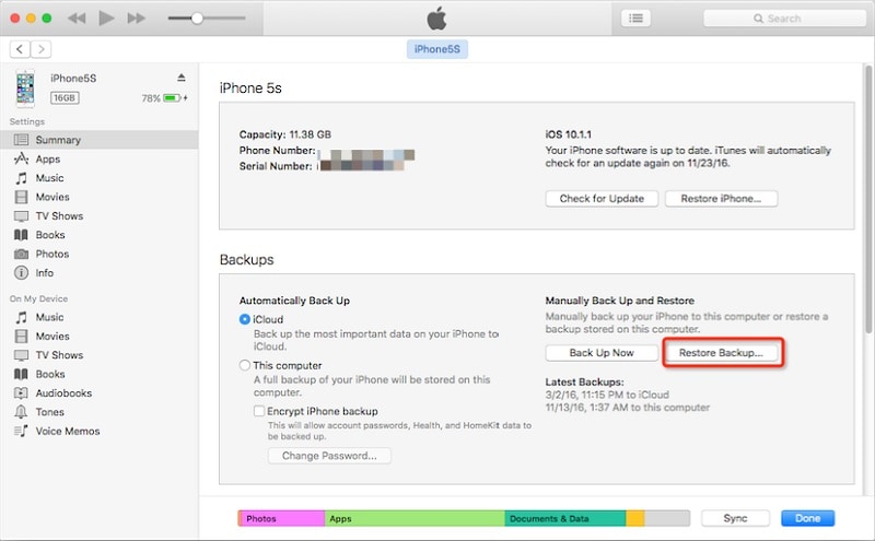 restaure contatos do iphone do backup do itunes