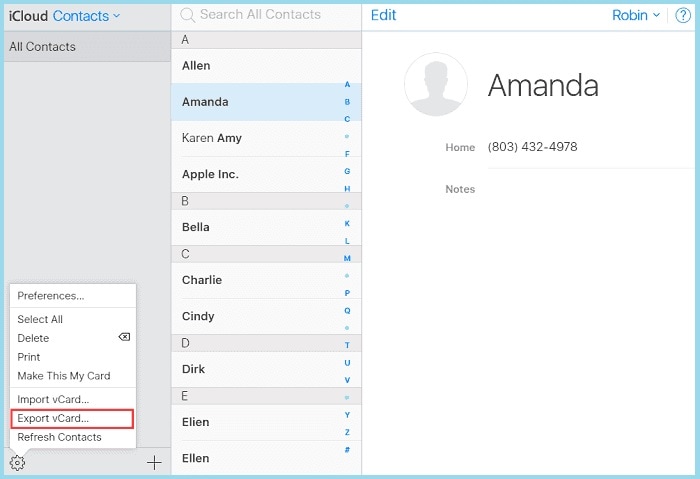 get back contacts by exporting from icloud.com