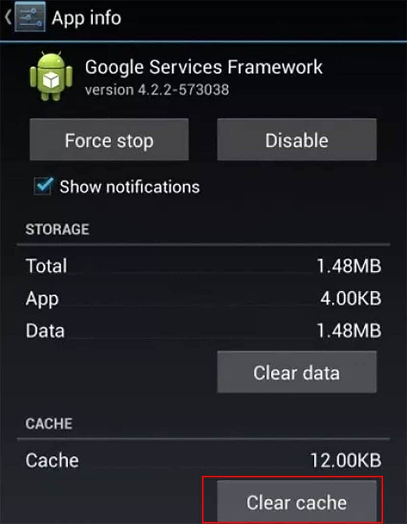 clear cache for Google Services Framework