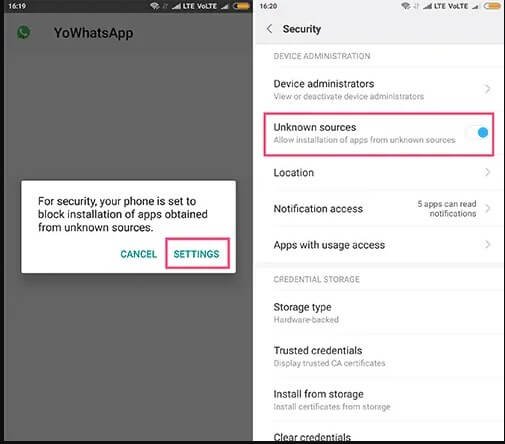 impostazioni per installare yowhatsapp