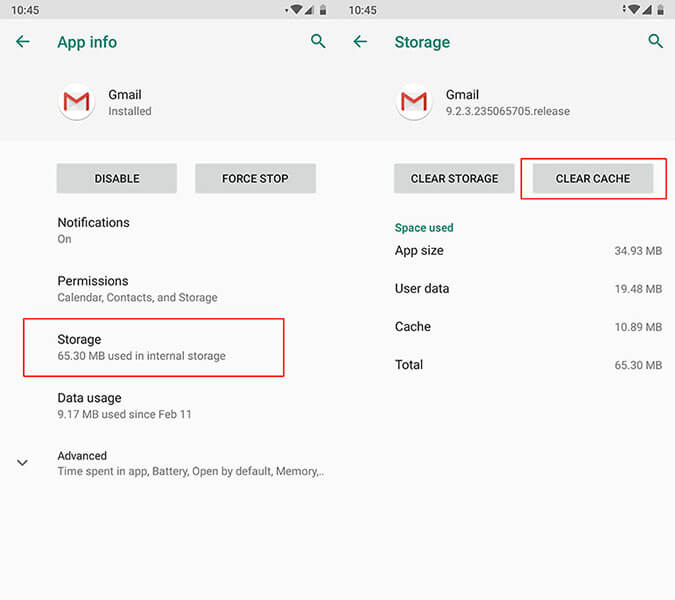 gmail لا يعمل على android - مسح ذاكرة التخزين المؤقت في التخزين