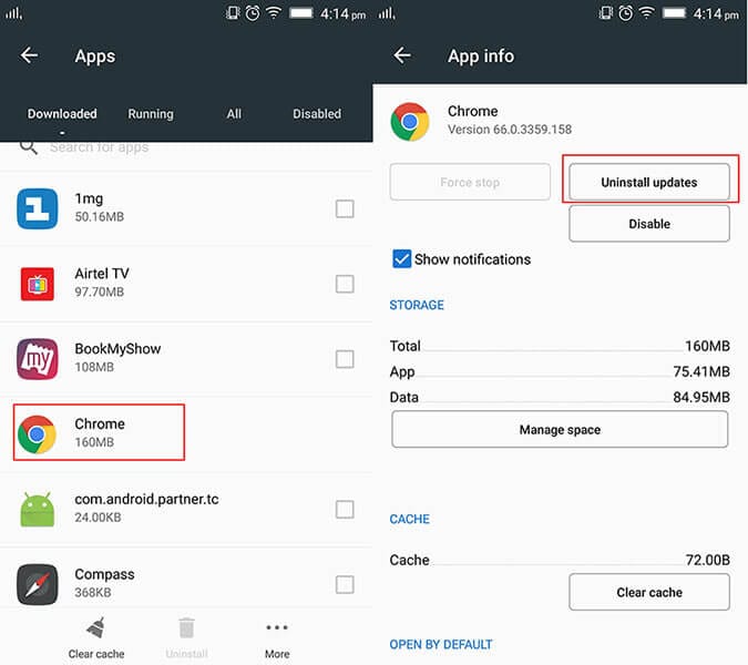 Behebung von Chrome-Abstürzen unter Android durch Updates deinstallieren