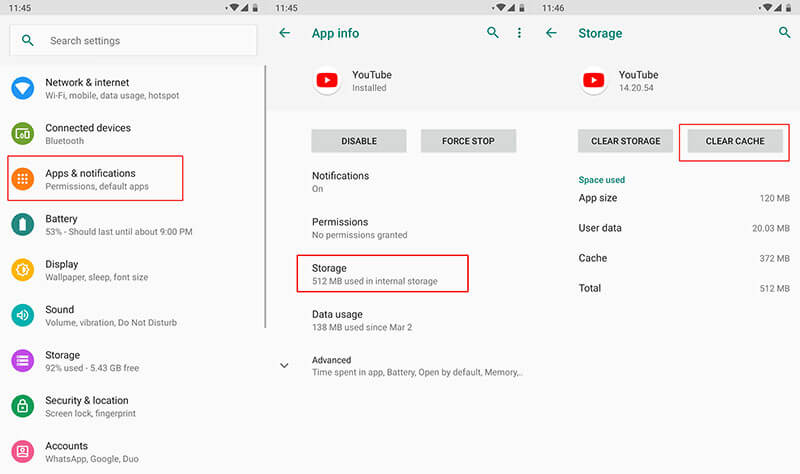  Youtube ne fonctionne pas sur android - effacer le cache 