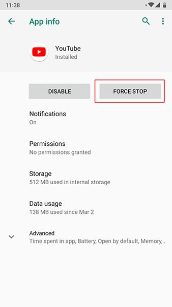  Youtube ne fonctionne pas sur android - réparer en redémarrant l'application 