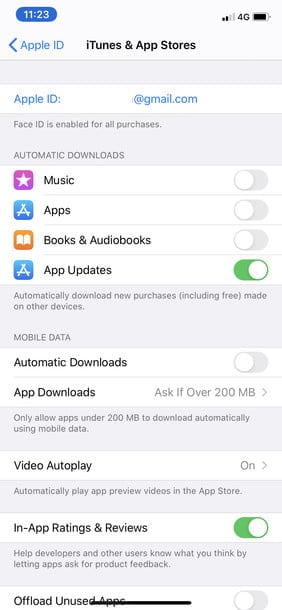 configurações do iTunes e da app store