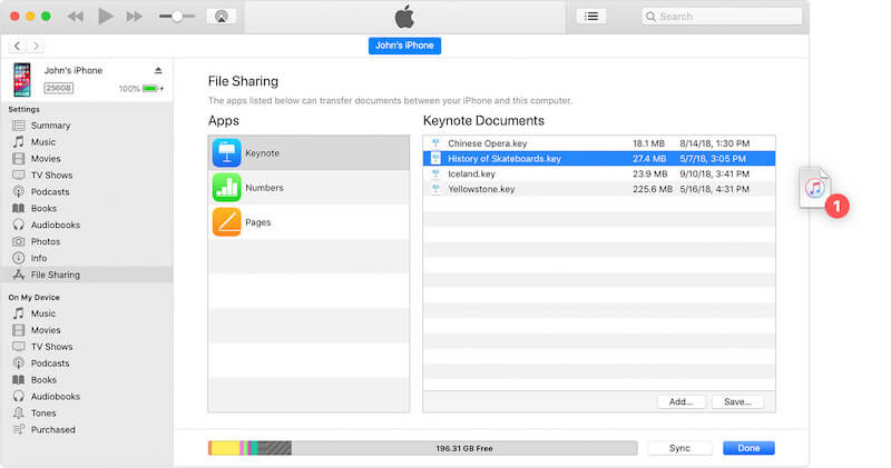  Interface de partage de fichiers iTunes 