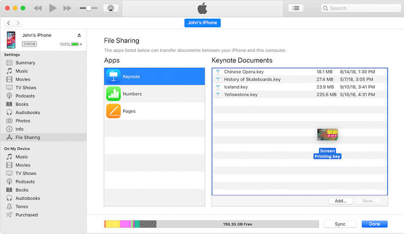 Arrastra y suelta archivos a aplicaciones en la ventana Compartir archivos de iTunes