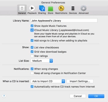 تفضيلات iTunes العامة