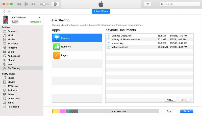 Itunes interface of file sharing