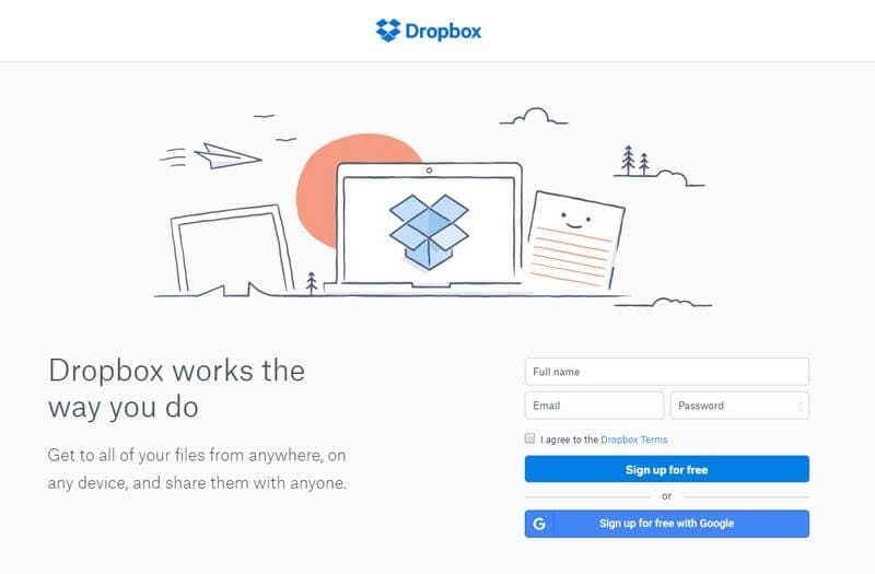 Dropbox log in interface