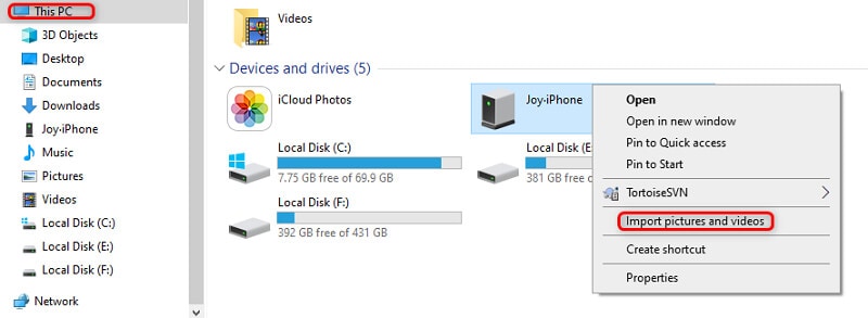 click on “Import pictures and videos”