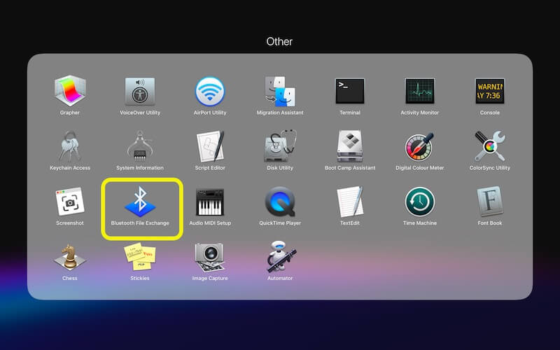 أداة Bluetooth File Exchange في الباحث الخاص بأجهزة macOS