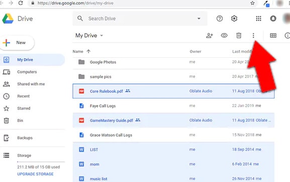 menu icon on google drive