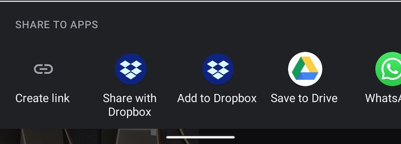 Option de partage Enregistrer dans Dropbox