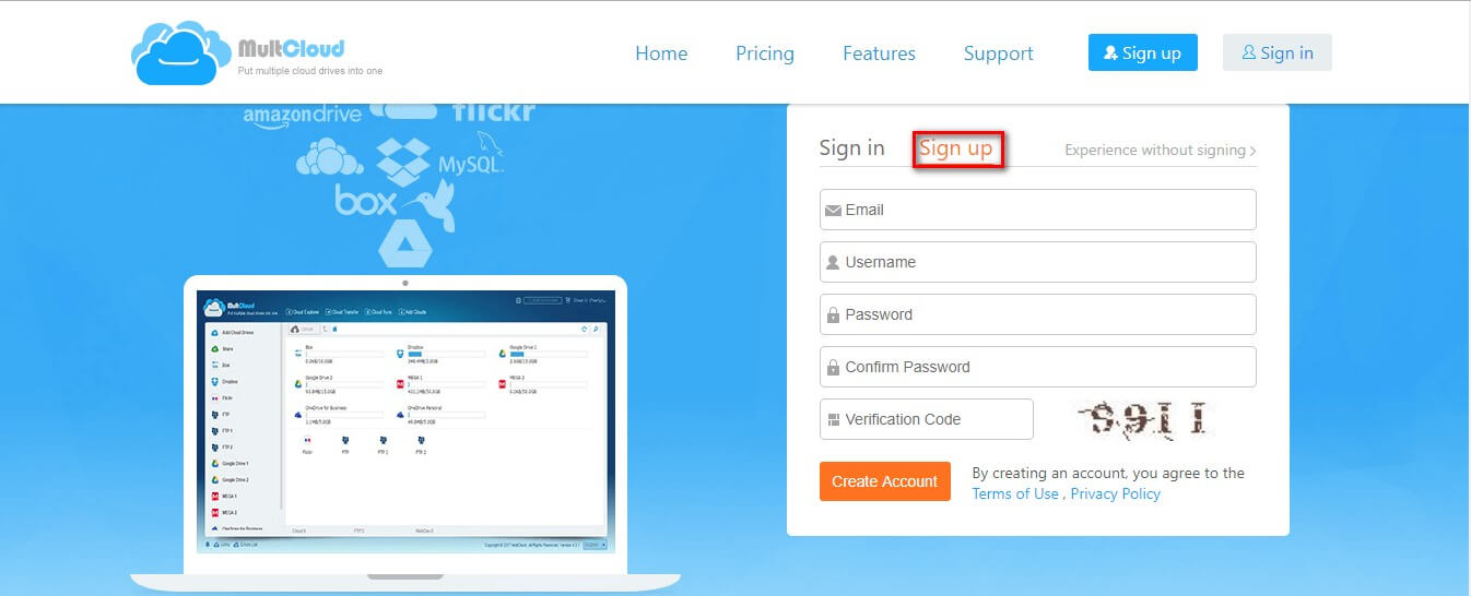 create an account on multcloud