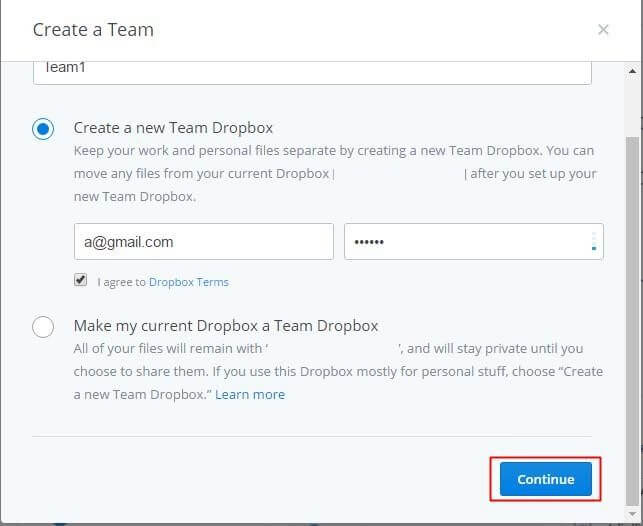 créer une équipe sur dropbox