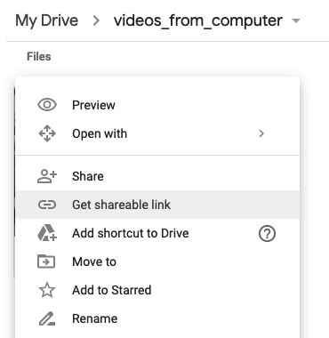 sélectionnez Get Shareable Link dans Google Drive