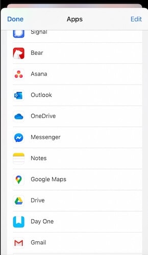 Selecione o Google Drive na opção para Partilhar no iOS