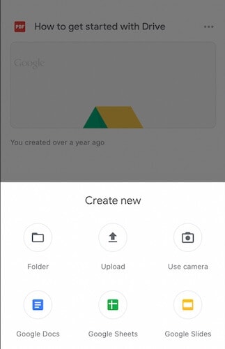 Tap Upload to select photos to upload to Google Drive