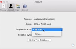 cliquez sur l'emplacement de Dropbox pour choisir un disque dur externe