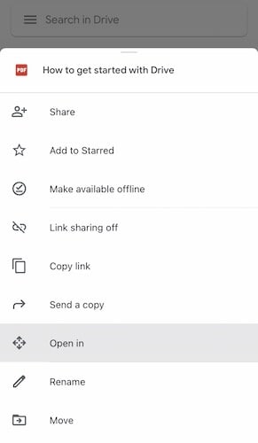 opção abrir com na app Google Drive no iOS