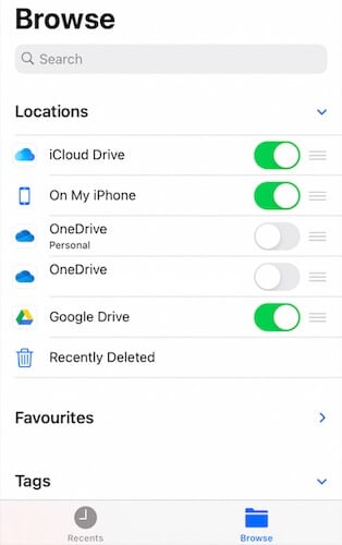selecionar Google Drive como localização no aplicativo de Arquivos no iOS