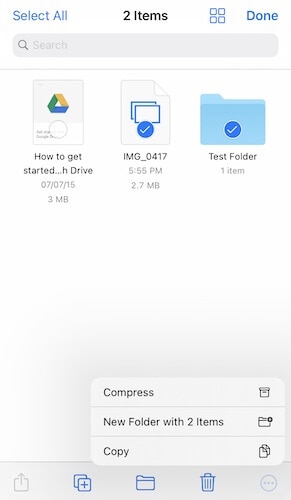 selecionar copiar na localização do Google Drive no aplicativo de Arquivos no iOS