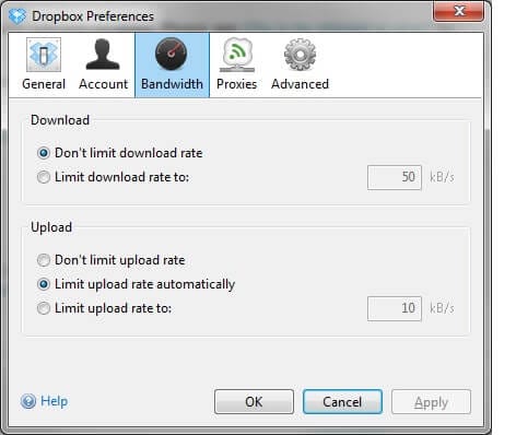 Limite de velocidade de upload para a Dropbox 