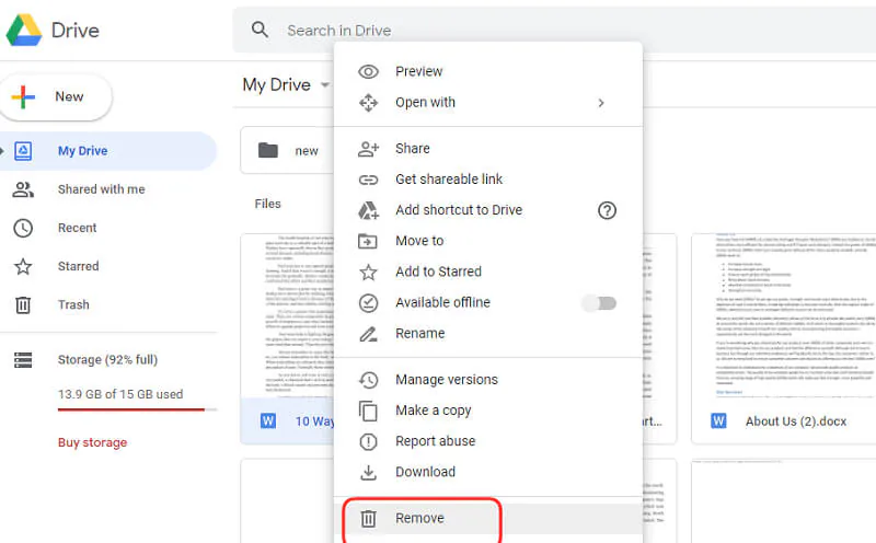 how to delete google drive storage