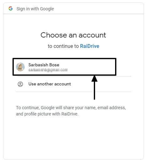 Raidrive choose account