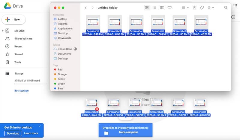 Ziehen und Ablegen von Dateien aus einem Ordner in das Google Drive-Browserfenster