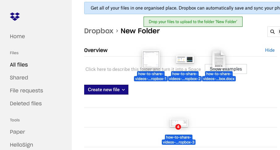 Ziehen und Ablegen von Dateien in Dropbox im Desktop-Webbrowser
