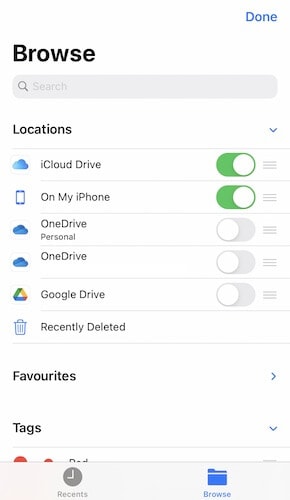 Ative o aplicativo Google Drive em Localizações em Arquivos (iOS)