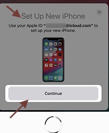 Figure 2, lorsque la configuration d'un nouvel iPhone apparaît, cliquez sur continuer