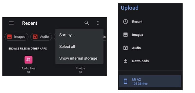 Selecione Todos os arquivos para upload remoto no Android