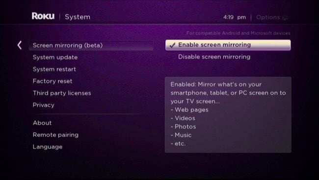 enable screen mirroring feature