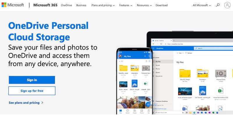 Página inicial do Microsoft OneDrive