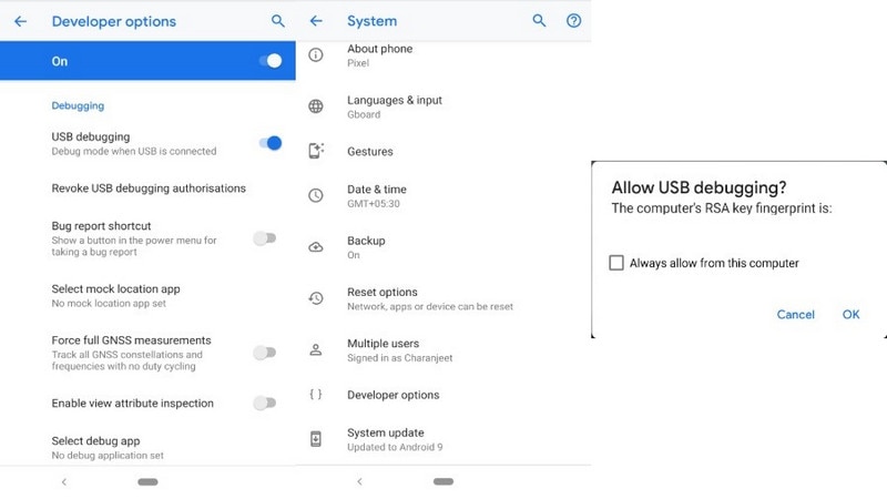 ative a depuração usb