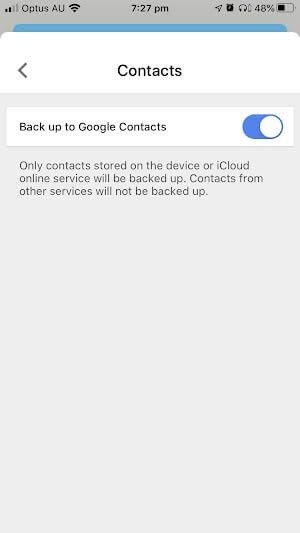 turn on contacts backup option