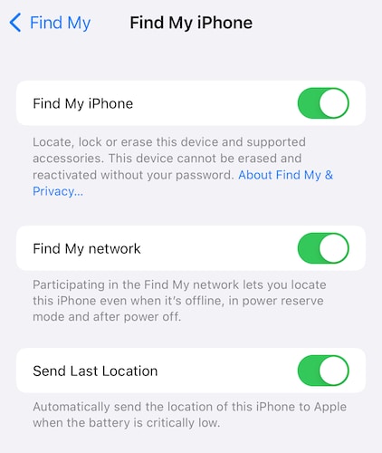 disable find my in iphone settings